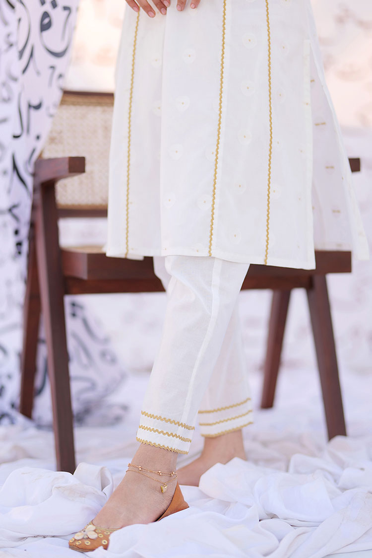 Picture of Senorita - GAC-02283 | White & Gold | Casual 2 Piece Suit  | Cotton Jacquard - Available at Raja Sahib