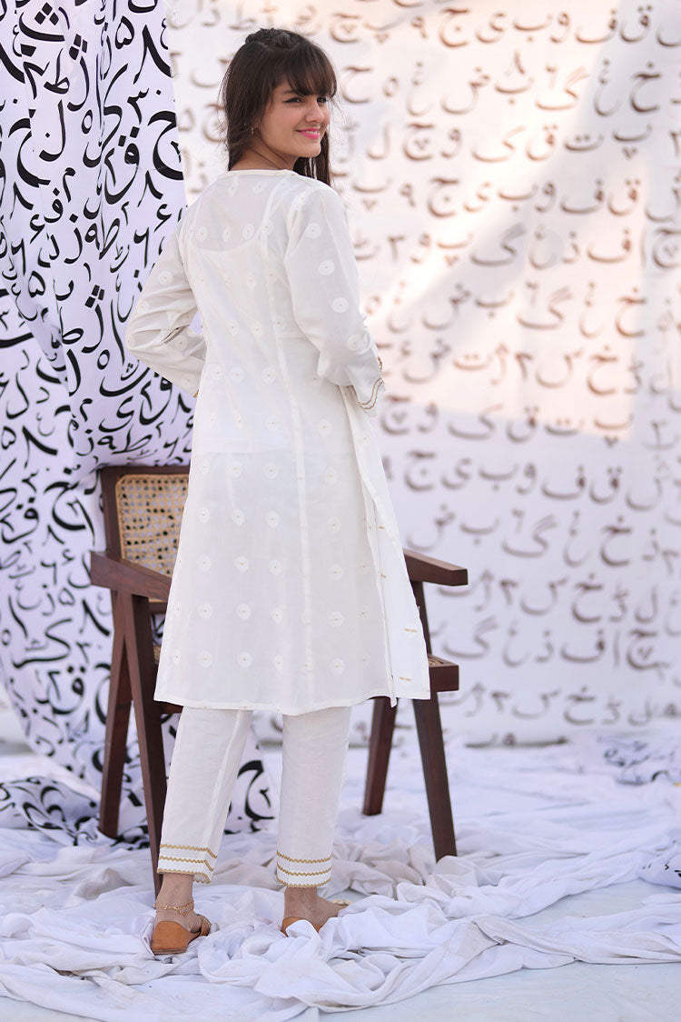 Picture of Senorita - GAC-02283 | White & Gold | Casual 2 Piece Suit  | Cotton Jacquard - Available at Raja Sahib