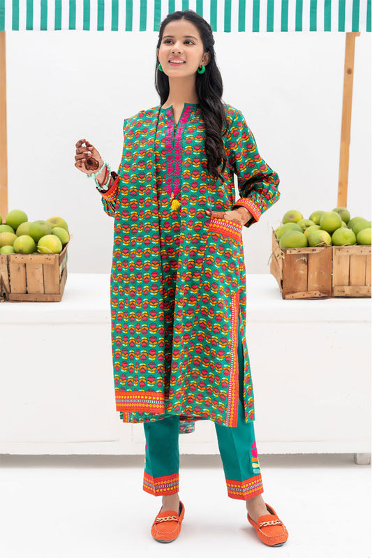 Picture of Senorita - GAD-02367 | Tarquise Green & Multicolor | Casual 3 Piece Suit | Cotton Khaddar Printed - Available at Raja Sahib