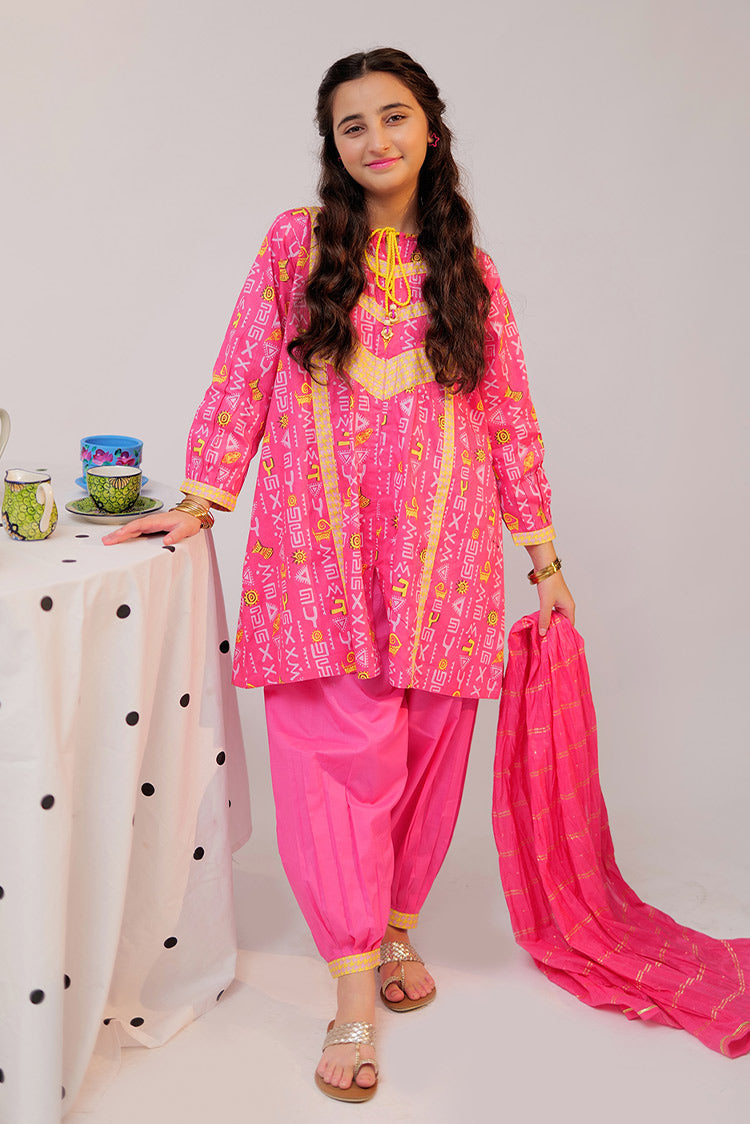 Picture of Senorita - GAD-02520 | Pink & Multicolor | Casual 3 Piece Suit | Cotton Cambric - Available at Raja Sahib