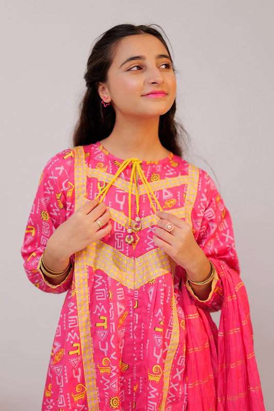 Picture of Senorita - GAD-02520 | Pink & Multicolor | Casual 3 Piece Suit | Cotton Cambric - Available at Raja Sahib