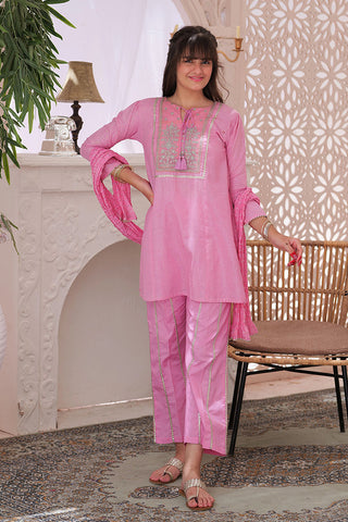 GBD-02225 | Pink & Silver | Casual 3 Piece Suit  | Cotton Fancy Yarn