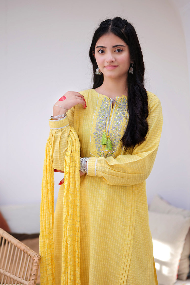 Picture of Senorita - GBD-02246 | Yellow & Silver | Casual 3 Piece Suit | Cotton Dobby Lurex - Available at Raja Sahib