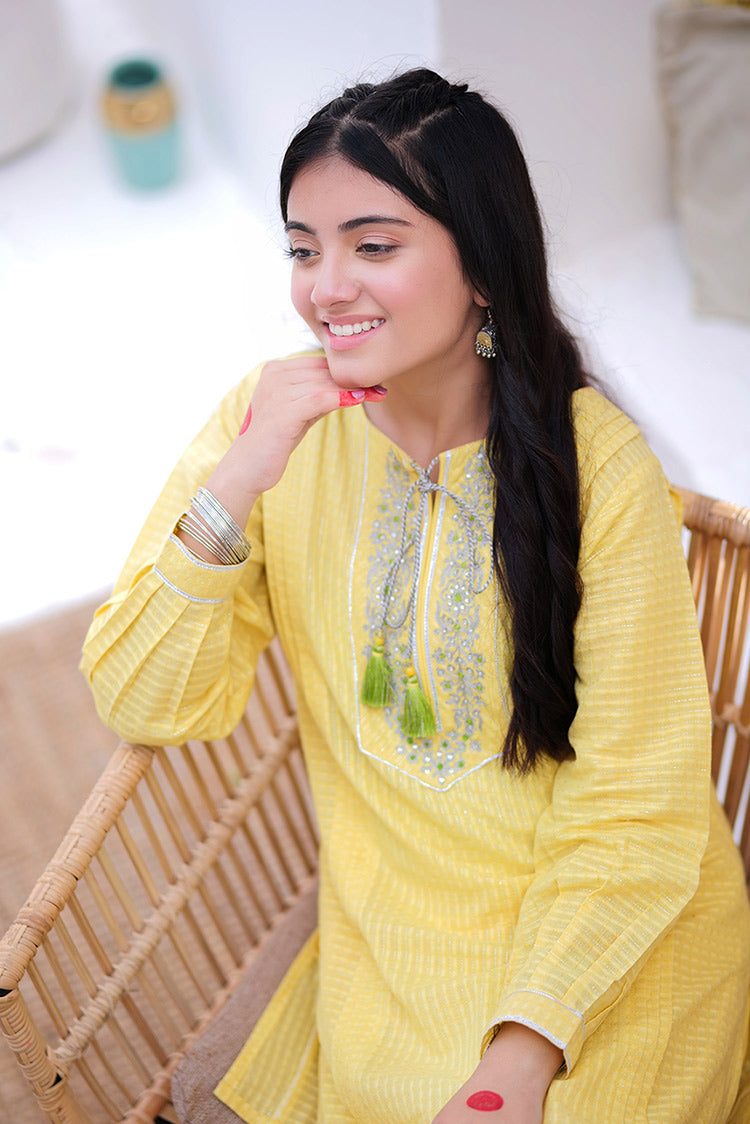 Picture of Senorita - GBD-02246 | Yellow & Silver | Casual 3 Piece Suit | Cotton Dobby Lurex - Available at Raja Sahib