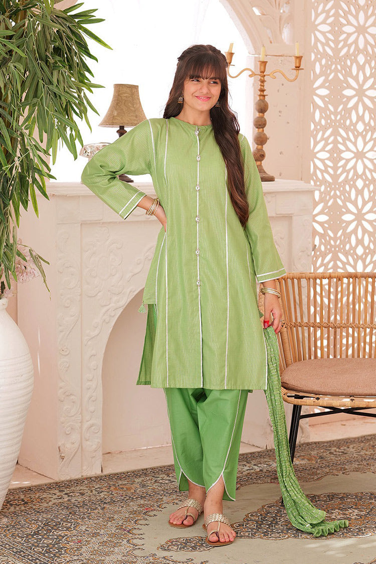 Picture of Senorita - GBD-02343 | P.Green & Silver | Casual 3 Piece Suit | Cotton Dobby Fancy Yarn - Available at Raja Sahib