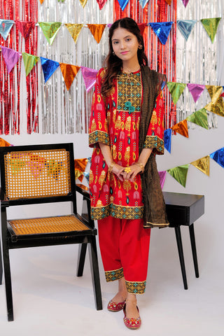GBD-02530 | Red & Gold | Casual Plus 3 Piece Suit  | Cotton Gold Print Lawn