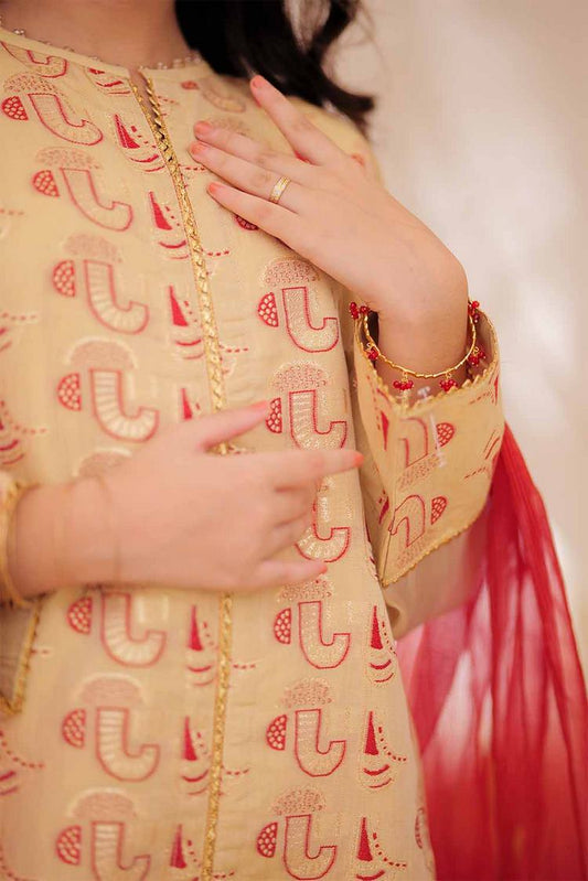 Picture of Senorita - GDD-02460 | Yellow & Red | Formal 3 Piece Suit  | Marsuri Plain Jacquard - Available at Raja Sahib