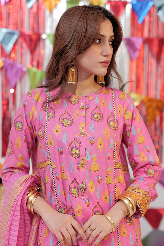 Picture of Senorita - LAD-02531 | Pink & Gold | Casual Plus 3 Piece Suit  | Cotton Gold Print Lawn - Available at Raja Sahib