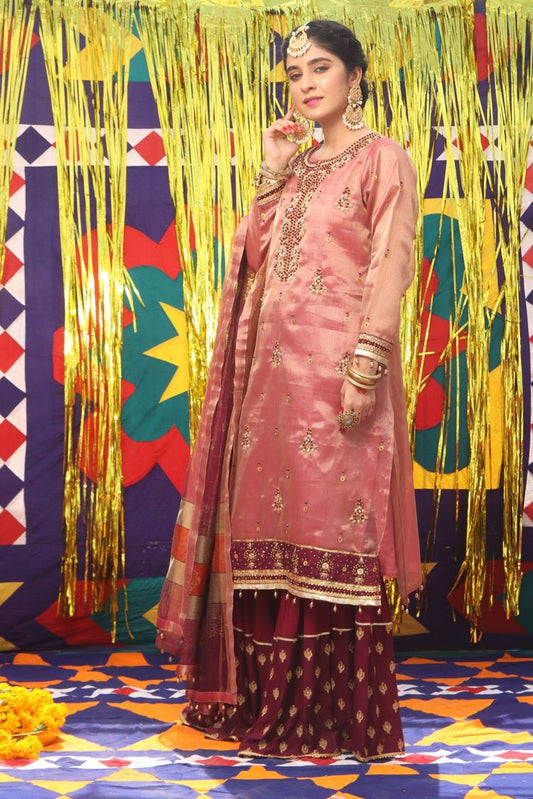 Picture of Senorita - LDD-01890 | Magenta & Golden | Formal 3 Piece Suit  | Banarsi Organza Tissue - Available at Raja Sahib