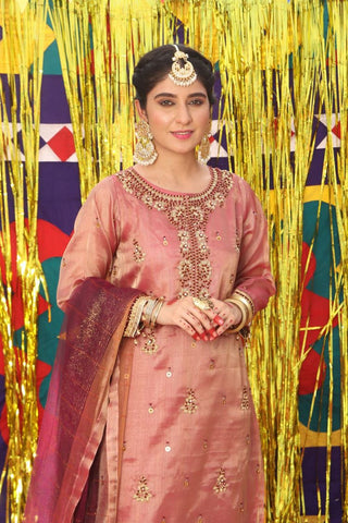 Picture of Senorita - LDD-01890 | Magenta & Golden | Formal 3 Piece Suit  | Banarsi Organza Tissue - Available at Raja Sahib