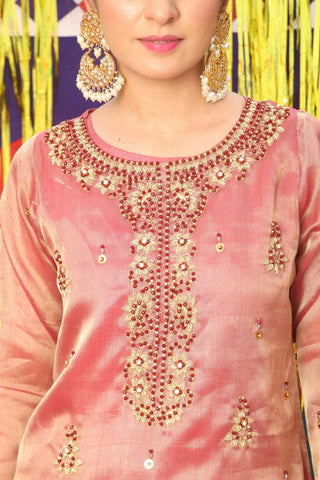 Picture of Senorita - LDD-01890 | Magenta & Golden | Formal 3 Piece Suit  | Banarsi Organza Tissue - Available at Raja Sahib