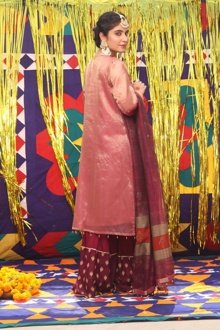 Picture of Senorita - LDD-01890 | Magenta & Golden | Formal 3 Piece Suit  | Banarsi Organza Tissue - Available at Raja Sahib