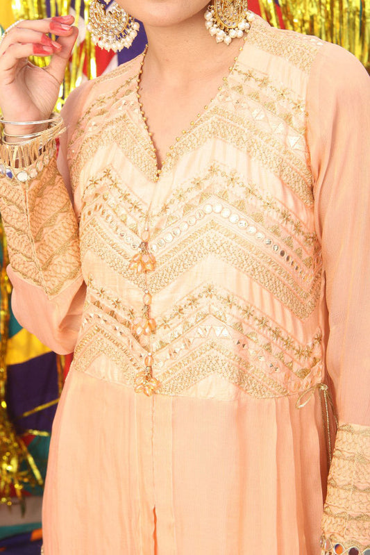 Picture of Senorita - LDD-01892 | Peach Golden | Formal 3 Piece Suit  | Pure Banarsi Masuri Self Base - Available at Raja Sahib