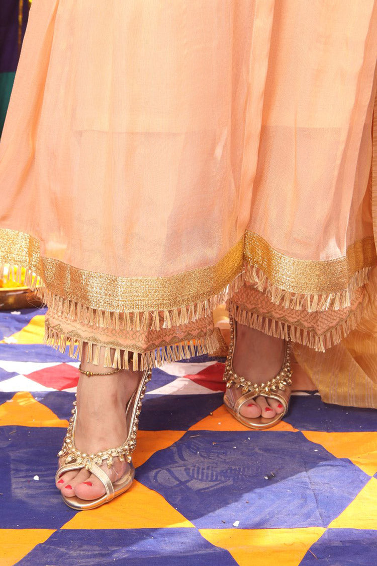 Picture of Senorita - LDD-01892 | Peach Golden | Formal 3 Piece Suit  | Pure Banarsi Masuri Self Base - Available at Raja Sahib