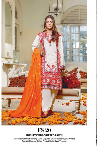 3 PC Luxury Embroidered Lawn FS20 Premium Lawn Summer Collection