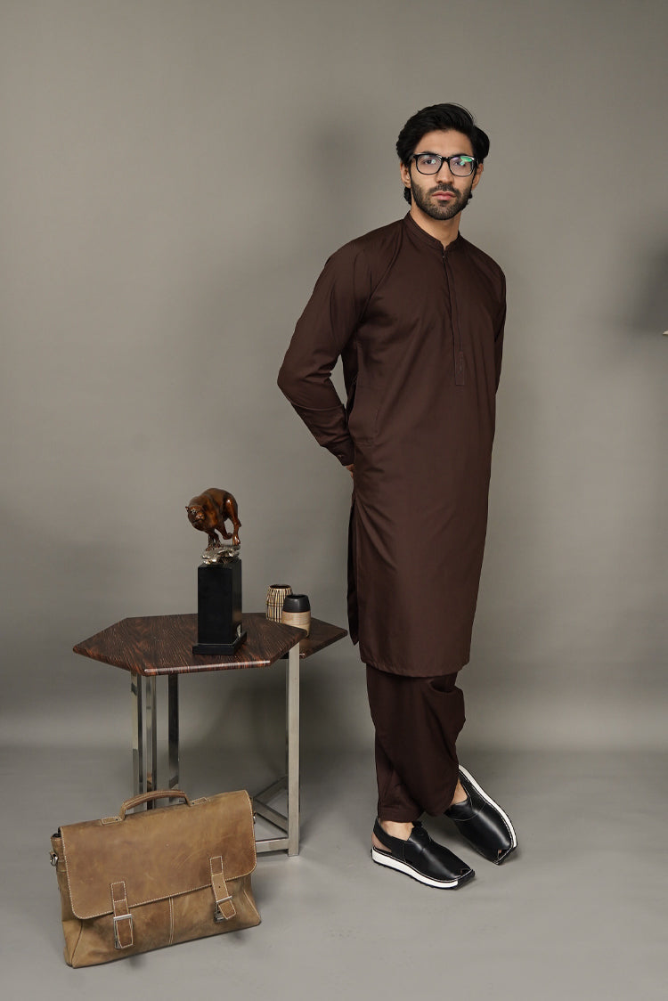 Picture of Black Pearl-Saddle Brown Kameez Shalwar - BP42DB - Available at Raja Sahib