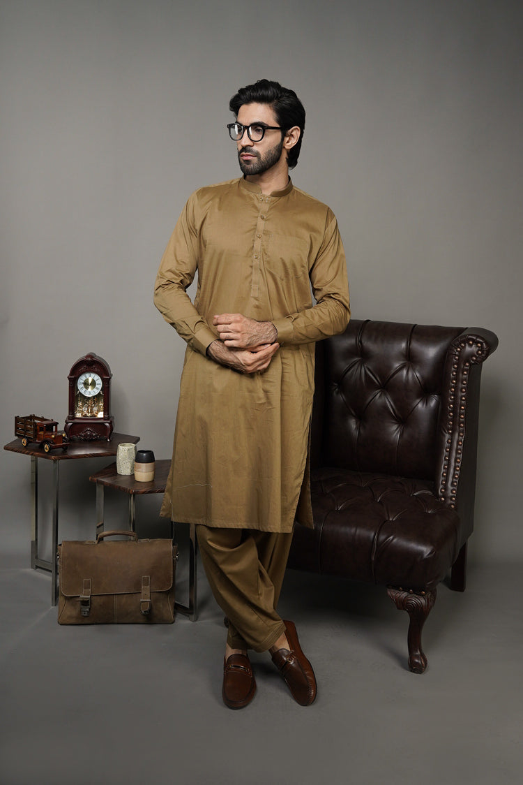 Picture of Black Pearl-Dark Goldenrod Kameez Shalwar - 1051BR - Available at Raja Sahib