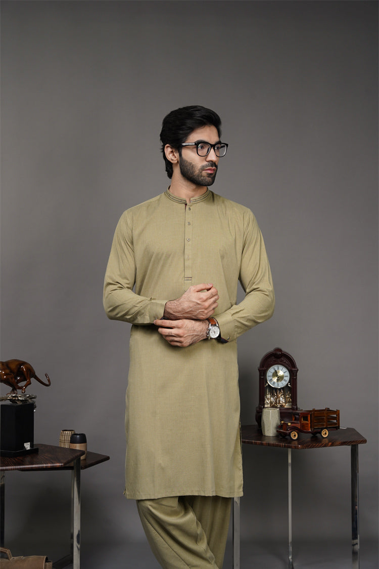 Picture of Black Pearl-Dark Khaki Kameez Shalwar - C13MH - Available at Raja Sahib