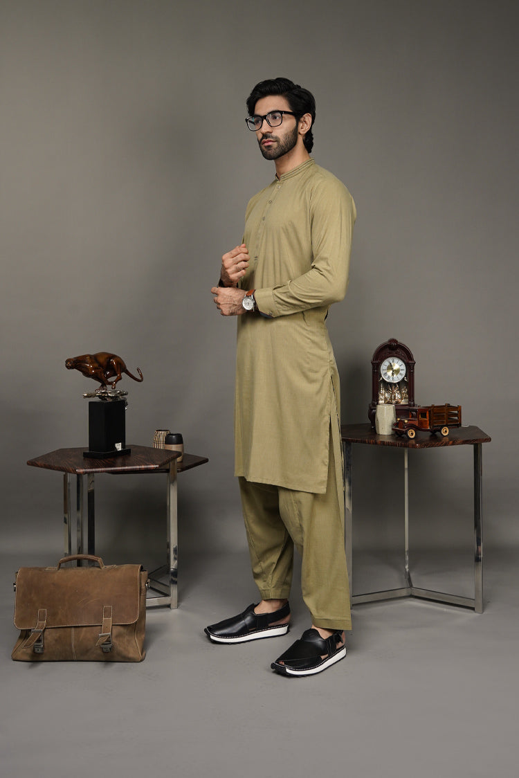 Picture of Black Pearl-Dark Khaki Kameez Shalwar - C13MH - Available at Raja Sahib