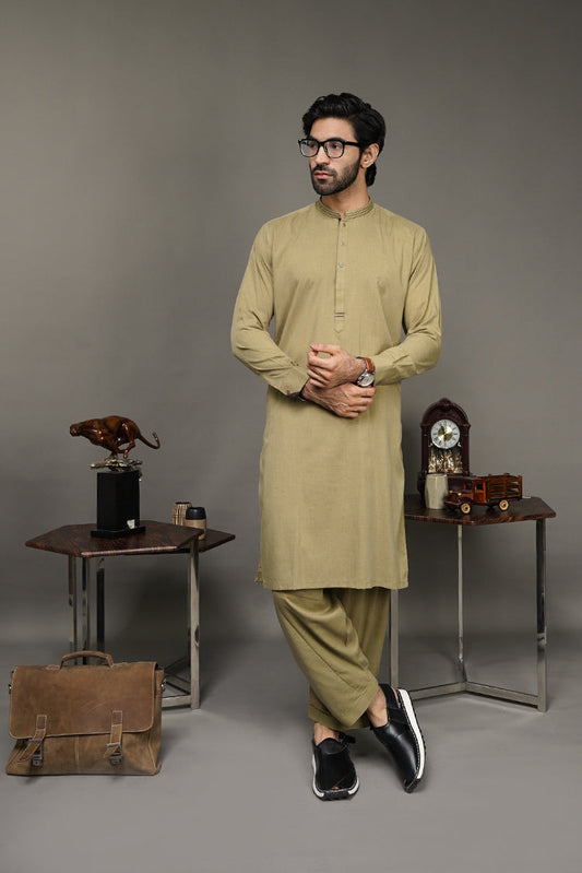 Picture of Black Pearl-Dark Khaki Kameez Shalwar - C13MH - Available at Raja Sahib