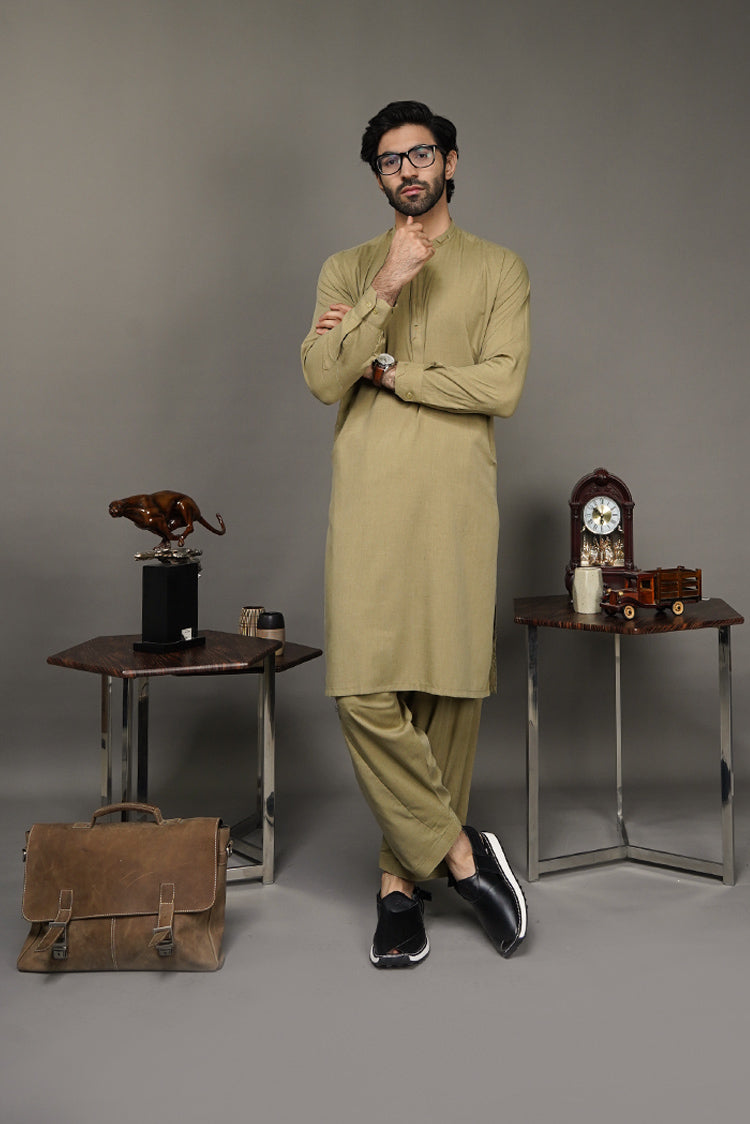 Picture of Black Pearl-Dark Khaki Kameez Shalwar - C27MH - Available at Raja Sahib