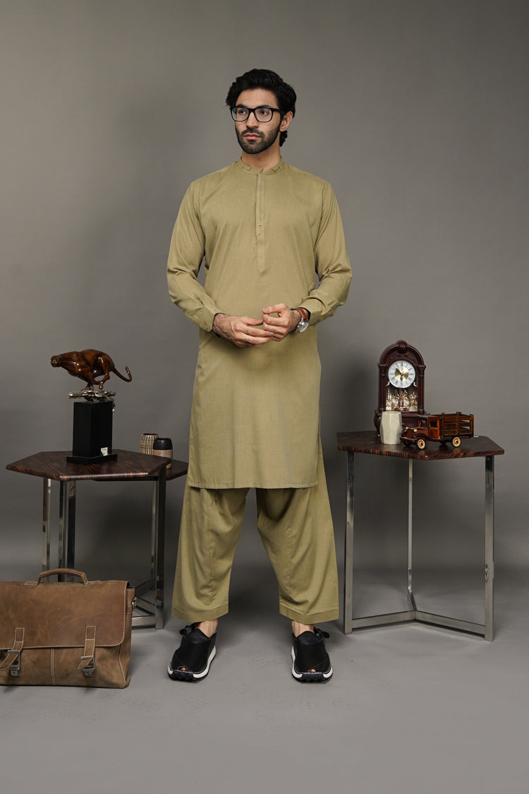 Picture of Black Pearl-Dark Khaki Kameez Shalwar - C27MH - Available at Raja Sahib