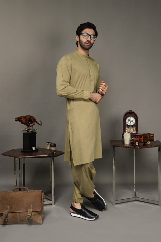 Picture of Black Pearl-Dark Khaki Kameez Shalwar - C27MH - Available at Raja Sahib