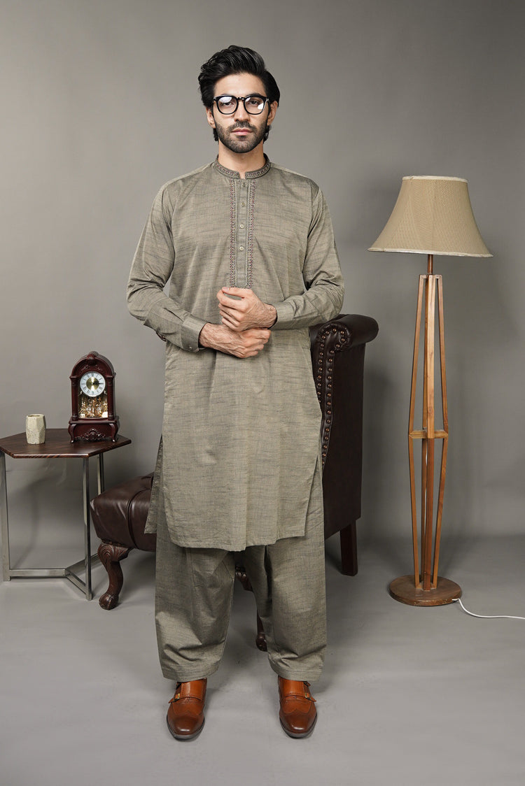 Picture of Black Pearl-Dark Khaki Kameez Shalwar - CT57GN - Available at Raja Sahib