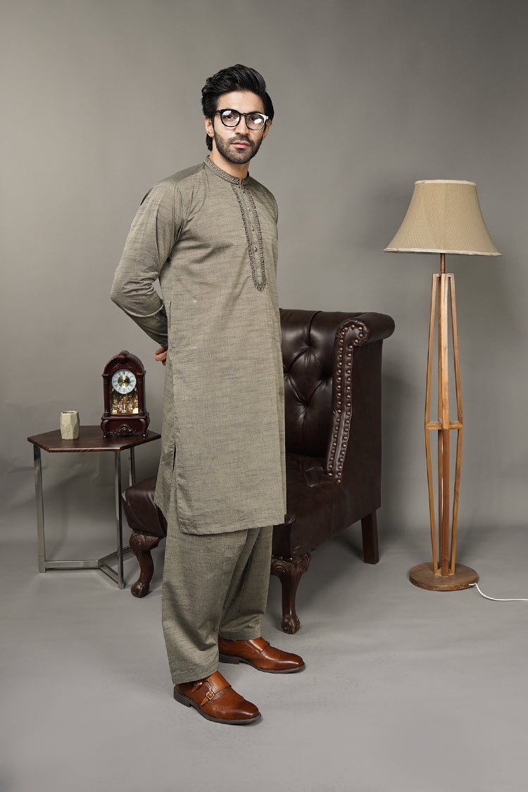 Picture of Black Pearl-Dark Khaki Kameez Shalwar - CT57GN - Available at Raja Sahib