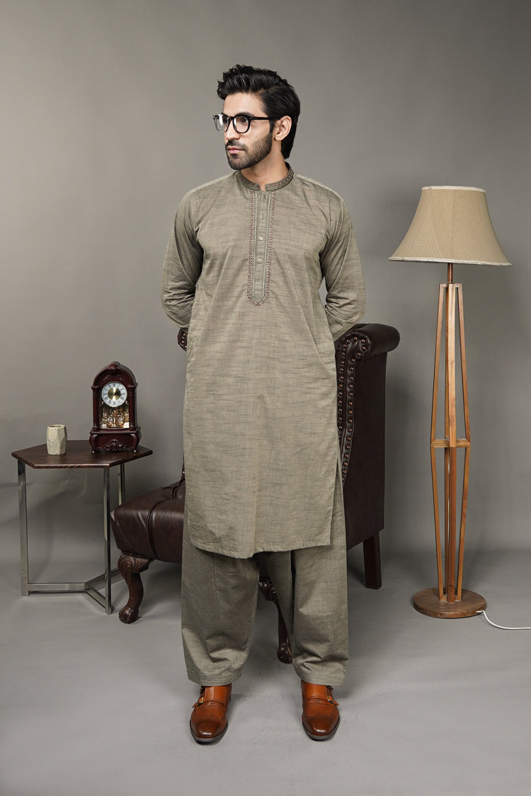 Picture of Black Pearl-Dark Khaki Kameez Shalwar - CT57GN - Available at Raja Sahib