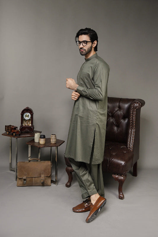 Picture of Black Pearl-Dark Olive Green Kameez Shalwar - 1051GN - Available at Raja Sahib