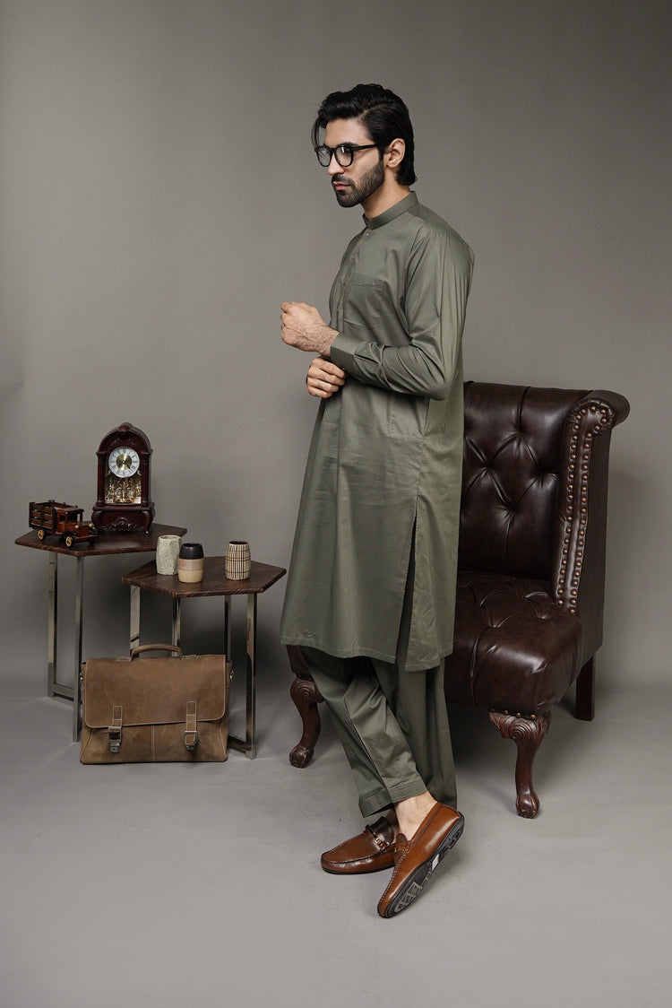 Picture of Black Pearl-Dark Olive Green Kameez Shalwar - 1051GN - Available at Raja Sahib