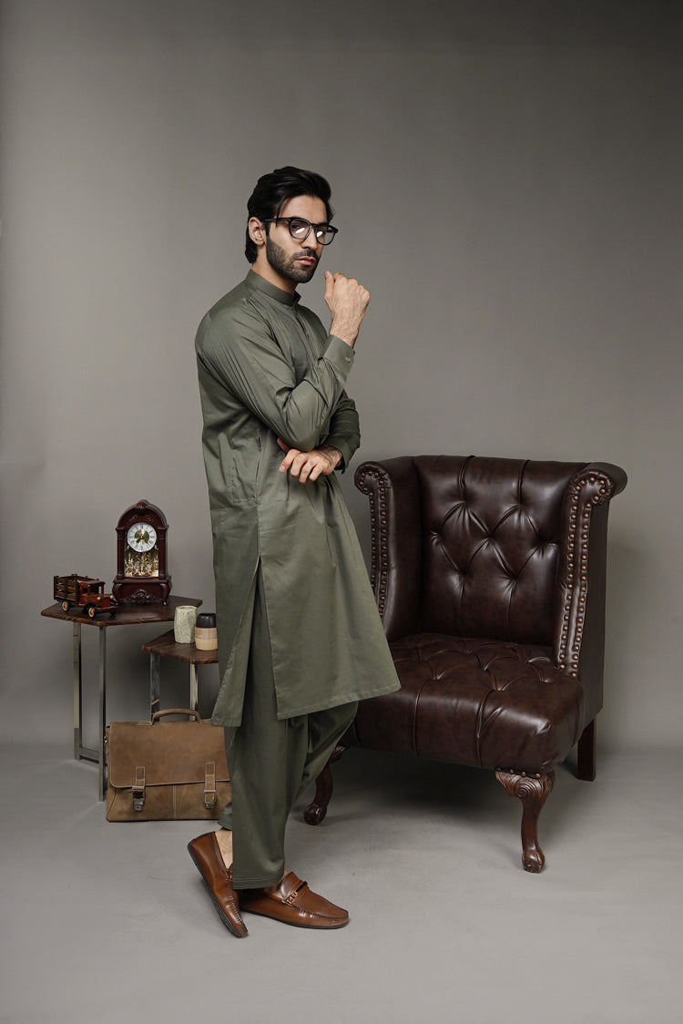 Picture of Black Pearl-Dark Olive Green Kameez Shalwar - 1051GN - Available at Raja Sahib