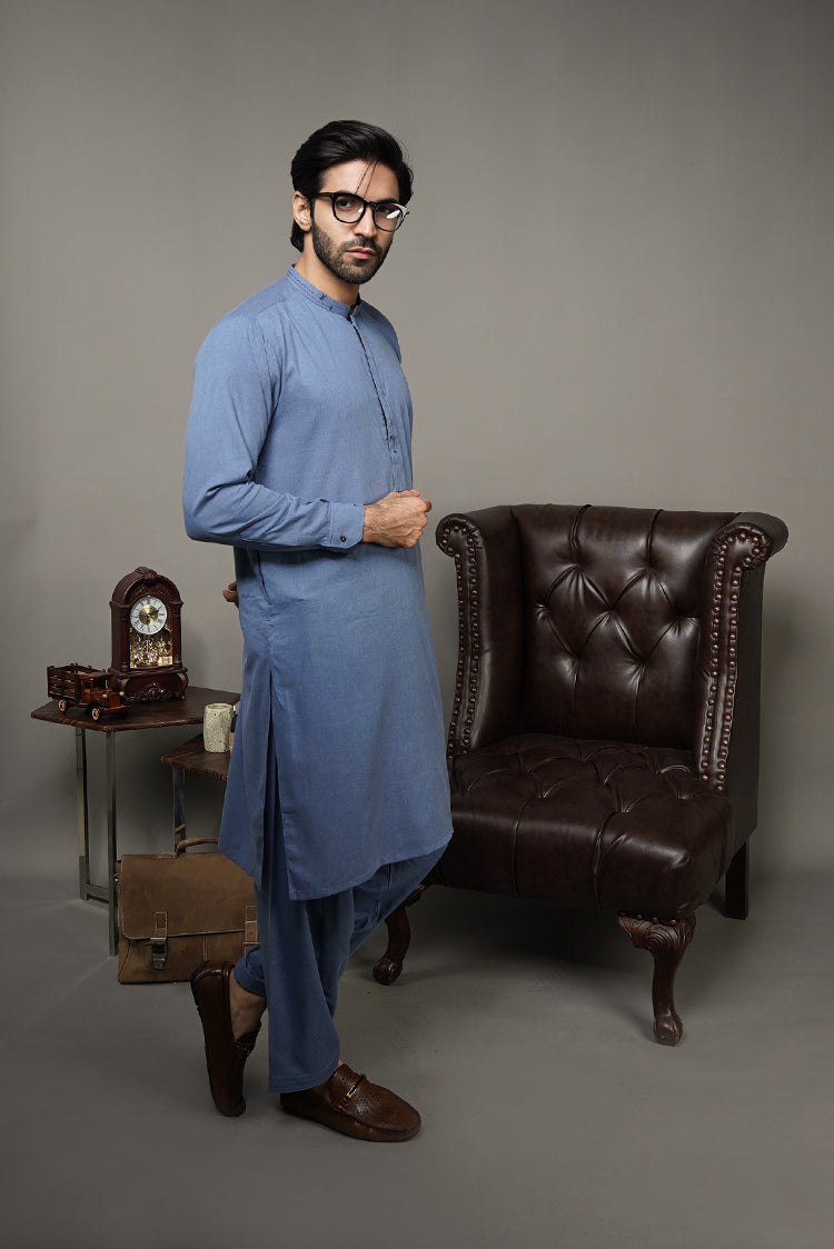 Picture of Black Pearl-Steel Blue Kameez Shalwar - C16BL - Available at Raja Sahib