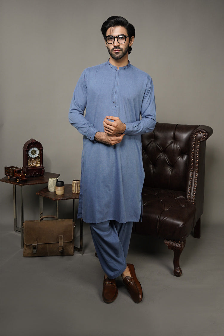 Picture of Black Pearl-Steel Blue Kameez Shalwar - C16BL - Available at Raja Sahib