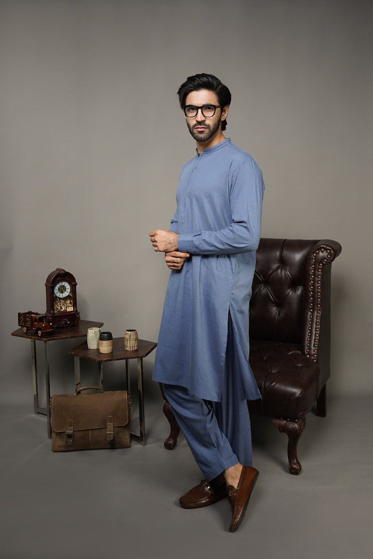 Picture of Black Pearl-Steel Blue Kameez Shalwar - C23BL - Available at Raja Sahib