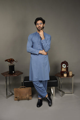 Black Pearl-Steel Blue Kameez Shalwar - C24BL