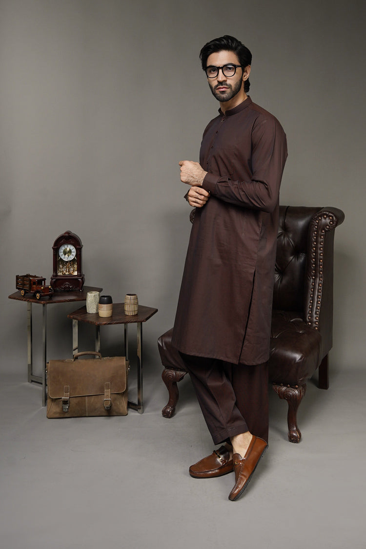 Picture of Black Pearl-Walnut Kameez Shalwar - 1050BR - Available at Raja Sahib